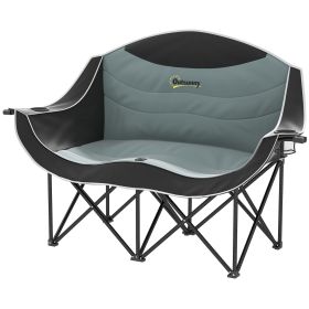 Outsunny Padded Folding Camp Chair for Adults, Double Camping Chairwith Armrests, Cup Holders, Carry Bag for Outdoor, Black